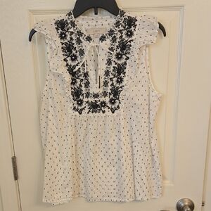 LOFT White and Black Floral Embroidered Blouse
